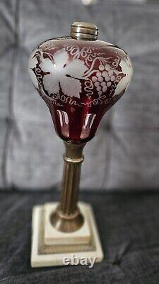 Antique Bohemian Red Etched Glass Oil Lamp Base 15