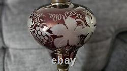 Antique Bohemian Red Etched Glass Oil Lamp Base 15