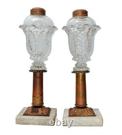 Antique Boston & Sandwich Glass Acanthus Leaf Whale Oil Fluid Lamps on Marble