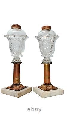 Antique Boston & Sandwich Glass Acanthus Leaf Whale Oil Fluid Lamps on Marble