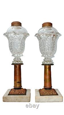 Antique Boston & Sandwich Glass Acanthus Leaf Whale Oil Fluid Lamps on Marble