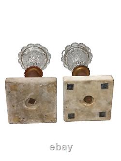 Antique Boston & Sandwich Glass Acanthus Leaf Whale Oil Fluid Lamps on Marble