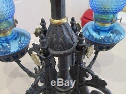 Antique Bradley Hubbard 1871 hanging wrought iron chandelier holding 4 oil lamps