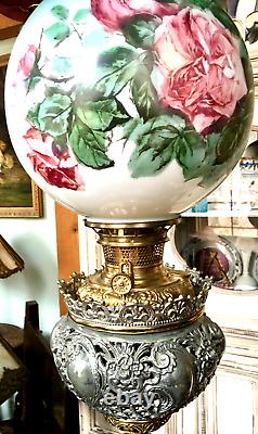 Antique Bradley & Hubbard B & H Banquet Oil Lamp with Roses Globe