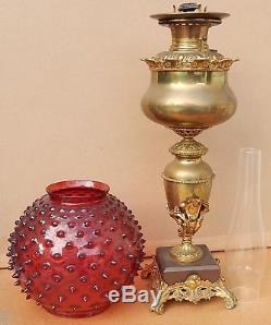 Antique Bradley & Hubbard Brass Banquet Lamp Rare Large Cranberry Hobnail Shade