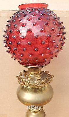 Antique Bradley & Hubbard Brass Banquet Lamp Rare Large Cranberry Hobnail Shade