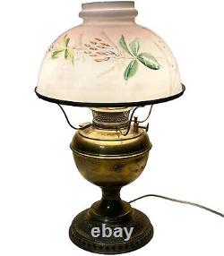 Antique Bradley Hubbard Converted B&H Brass Stand Lamp Hand Painted Glass Shade