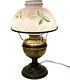 Antique Bradley Hubbard Converted B&H Brass Stand Lamp Hand Painted Glass Shade