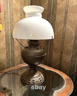 Antique Bradley Hubbard Converted Oil Lamp with Milk Glass Shade. Brass Lamp