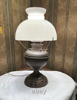 Antique Bradley Hubbard Converted Oil Lamp with Milk Glass Shade. Brass Lamp