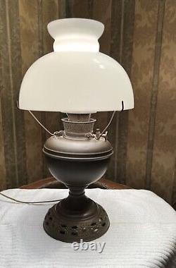 Antique Bradley Hubbard Converted Oil Lamp with Milk Glass Shade. Brass Lamp