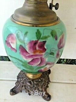 Antique Bradley & Hubbard GWTW Oil Lamp Floral Base Ruby Satin Glass Globe