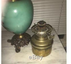 Antique Bradley & Hubbard GWTW Oil Lamp Floral Base Ruby Satin Glass Globe