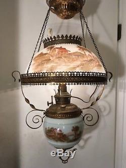 Antique Bradley Hubbard Hanging Parlor Lamp Vtg Library Oil Light Fixture Cabin