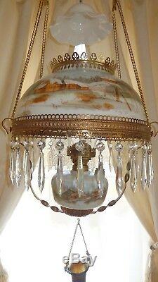Antique Bradley & Hubbard Matching Glass Hanging Oil Lamp/ Rustic Cabin Style/ N