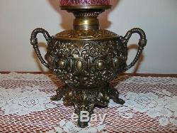 Antique Bradley & Hubbard Ornate Brass Oil Lamp & Cranberry Shade