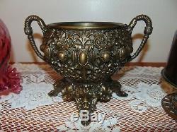 Antique Bradley & Hubbard Ornate Brass Oil Lamp & Cranberry Shade