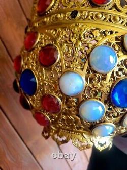 Antique Bradley & Hubbard Pierced Brass Jeweled Hanging Lamp Light Fixture