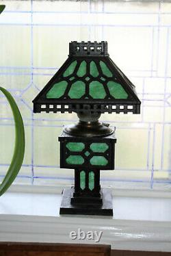 Antique Bradley & Hubbard Slag Glass and Cast Iron Lamp Mission Style