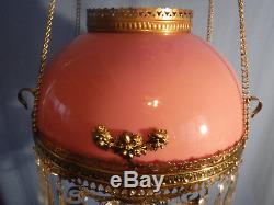 Antique Bradley Hubbard Victorian Hanging Library Oil Lamp Pink Glass Shade