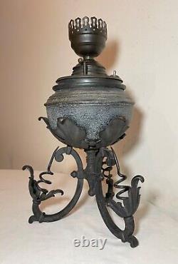 Antique Bradley & Hubbard wrought iron stand brass electrified oil parlor lamp