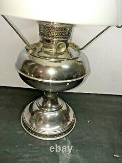 Antique Bradley and Hubbard B&H Oil Lamp Nickel CHROME WITH ALADDIN OPAL SHADE