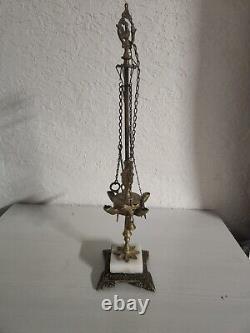 Antique Brass 4 Spout Whale Oil Lamp With Tools