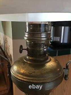 Antique Brass Aladdin Hanging Oil Lamp With Shade & Retractible Ceiling Holder