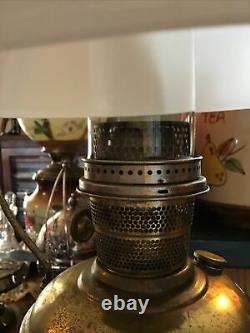 Antique Brass Aladdin Hanging Oil Lamp With Shade & Retractible Ceiling Holder