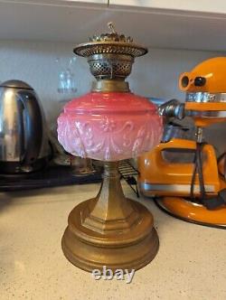 Antique Brass And Pink Cranberry Oil Lamp With Decorative Shade