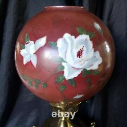 Antique Brass Banquet Oil Lamp Converted Roses On Globe