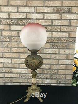 Antique Brass Banquet Parlor Oil Kerosene Lamp Cherub Putti Cranberry GWTW