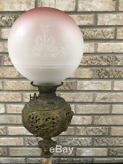 Antique Brass Banquet Parlor Oil Kerosene Lamp Cherub Putti Cranberry GWTW