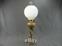 Antique Brass Cherub Banquet Oil Lamp Milk Glass Ball Shade The Rival 1893