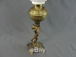 Antique Brass Cherub Banquet Oil Lamp Milk Glass Ball Shade The Rival 1893