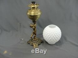 Antique Brass Cherub Banquet Oil Lamp Milk Glass Ball Shade The Rival 1893