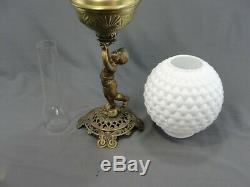 Antique Brass Cherub Banquet Oil Lamp Milk Glass Ball Shade The Rival 1893