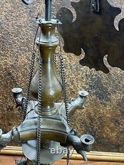 Antique Brass Cherub Figural Whale Oil Lamp w Tools & Reflector 4 Burner