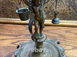 Antique Brass Cherub Figural Whale Oil Lamp w Tools & Reflector 4 Burner