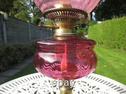 Antique Brass & Cranberry Glass Oil Lamp With Original Victorian Oil Lamp Shade