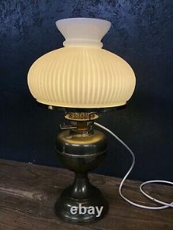 Antique Brass Duplex Table Desk Electric Lamp Oil Lamp Opaque Shade