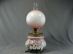 Antique Brass Fostoria Glass Co. GWTW Hand Painted Floral Oil Lamp Pink Purple