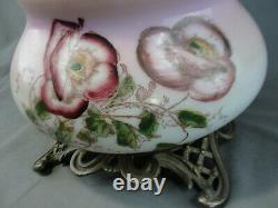 Antique Brass Fostoria Glass Co. GWTW Hand Painted Floral Oil Lamp Pink Purple