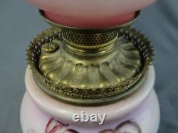 Antique Brass Fostoria Glass Co. GWTW Hand Painted Floral Oil Lamp Pink Purple