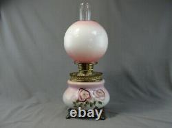 Antique Brass Fostoria Glass Co. GWTW Hand Painted Floral Oil Lamp Pink Purple