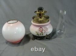 Antique Brass Fostoria Glass Co. GWTW Hand Painted Floral Oil Lamp Pink Purple