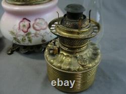 Antique Brass Fostoria Glass Co. GWTW Hand Painted Floral Oil Lamp Pink Purple