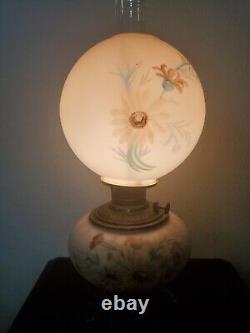 Antique Brass Fostoria Glass Co. Hand Painted Floral Oil Lamp Pink double light