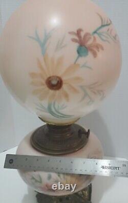 Antique Brass Fostoria Glass Co. Hand Painted Floral Oil Lamp Pink double light