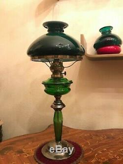 Antique Brass Glass Kerosene Oil Lamp Green Glass Shade